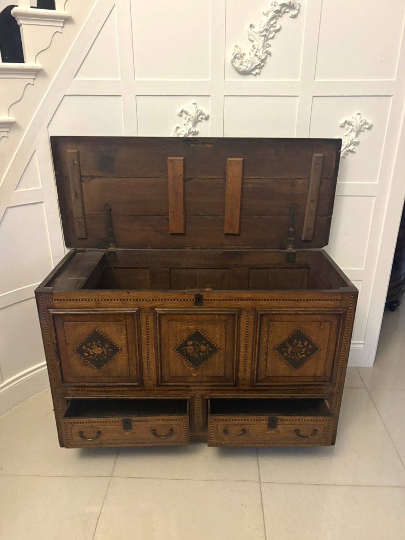 Exceptional Quality 17th Century Antique Oak Mule Chest with Marquetry Inlay